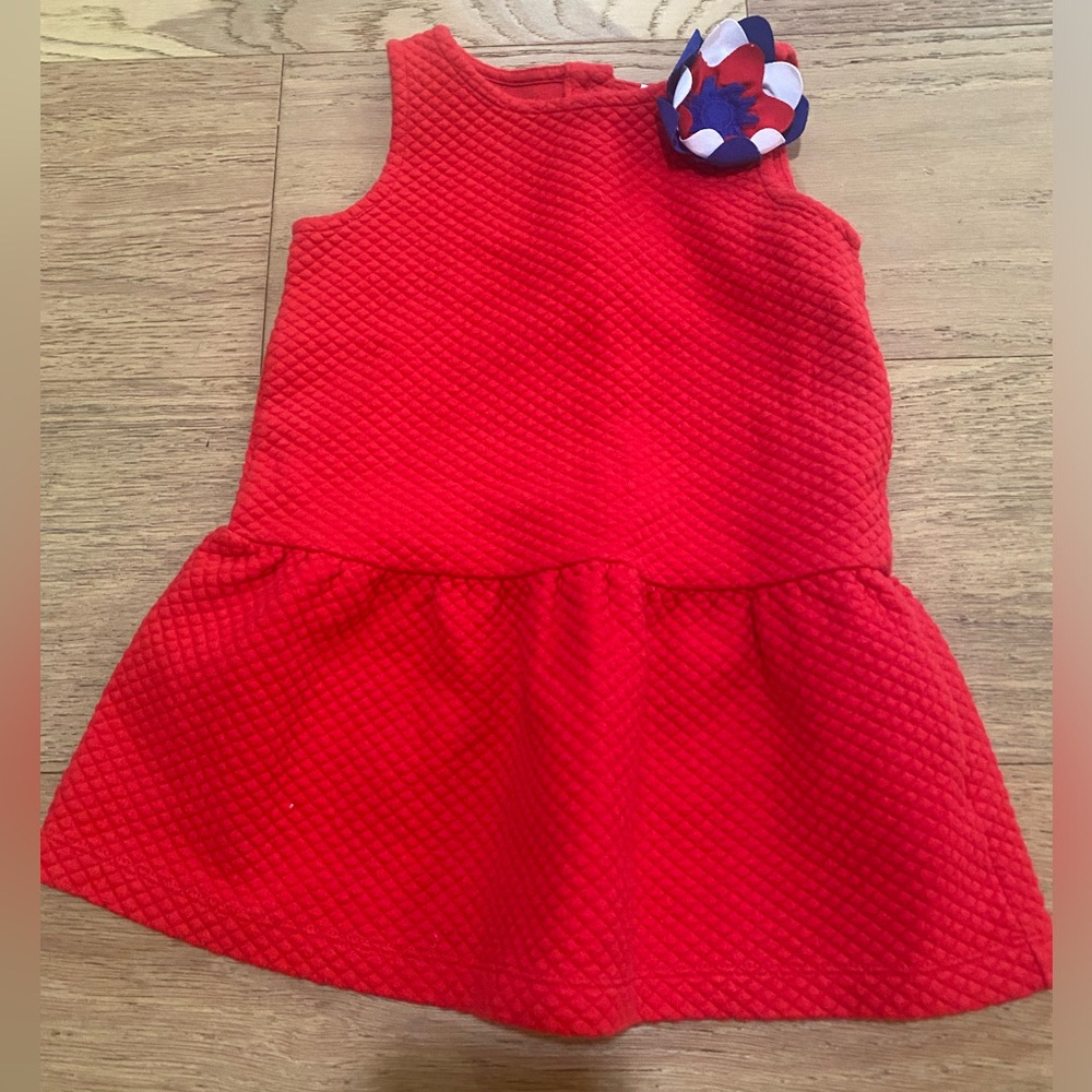 Janie and Jack Red Sleeveless quilted girls Dress with Floral Accent 18-24m EUC
